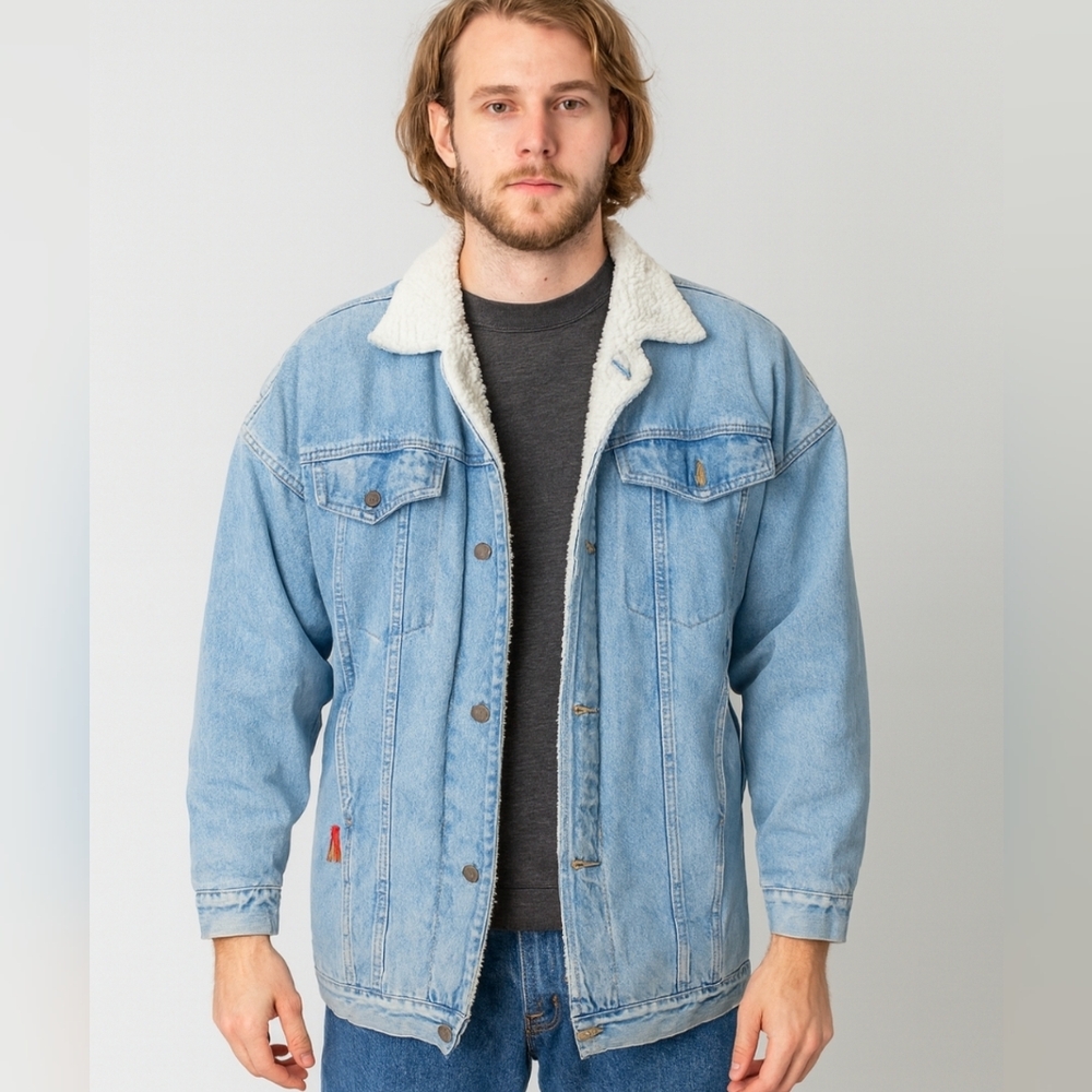 Mens Vintage 90s Hollywood 🌟Era Sherpa Trucker Barnchore Coat Denim Farm .XL